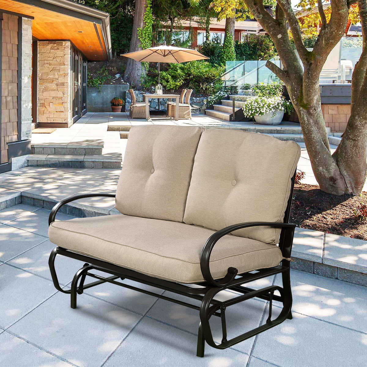 Patiojoy Steel Frame Rocking Loveseat Outdoor Patio Cushioned Chaise Bench