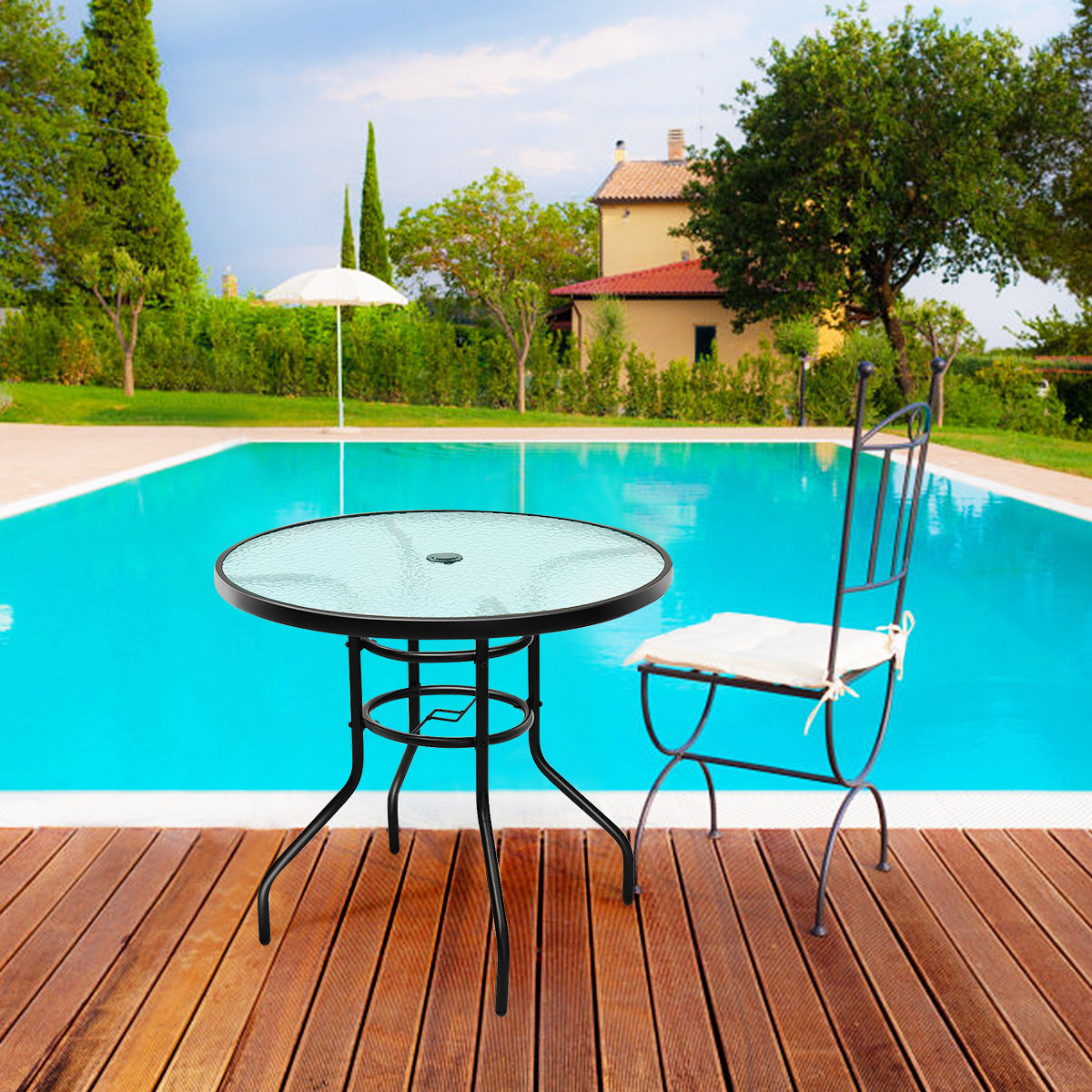 Patiojoy 32" Garden Patio Round Bar Glass Table Umbrella Deck Outdoor Furniture