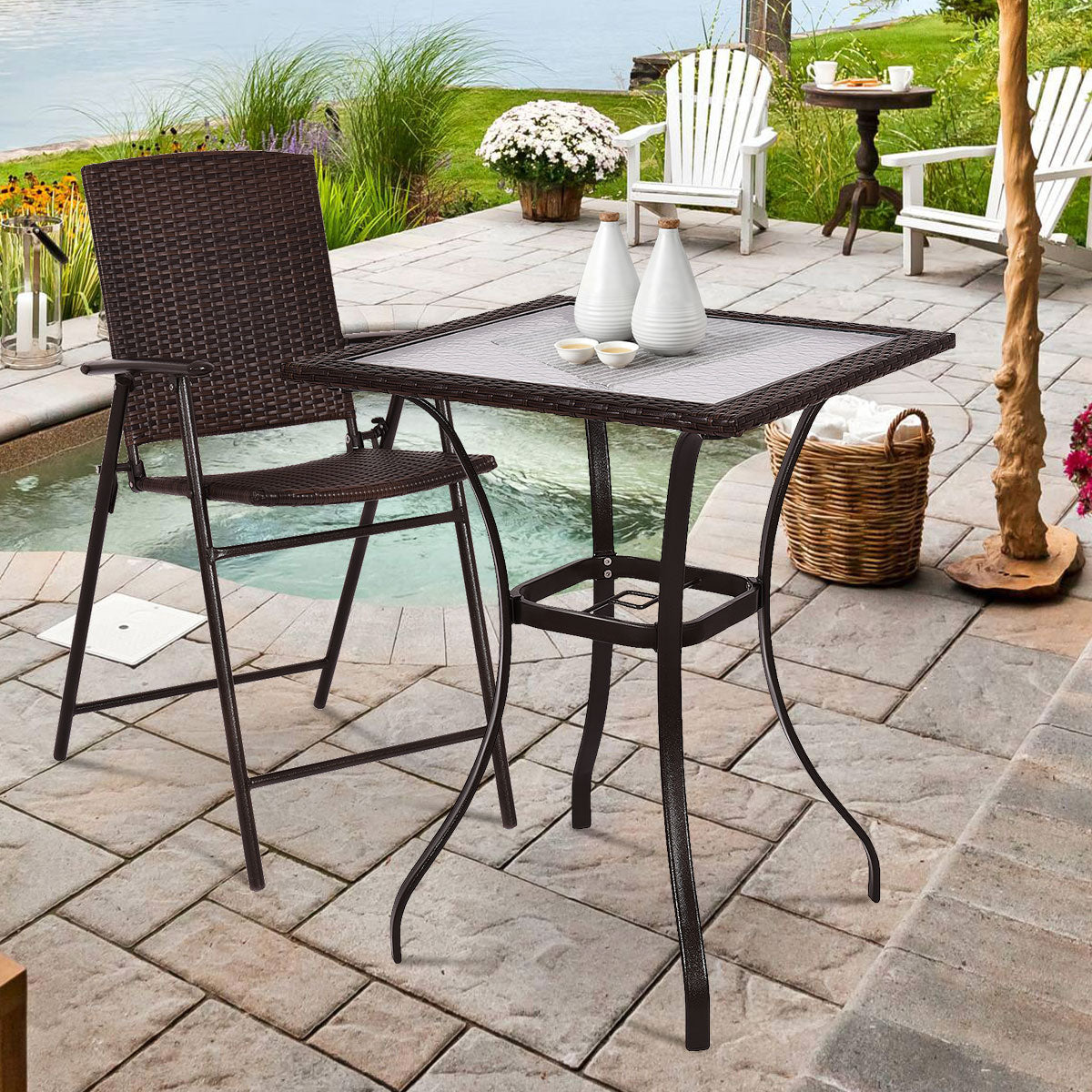 Patiojoy Patio Square Bar Glass Table Umbrella Deck Outdoor Garden Furniture