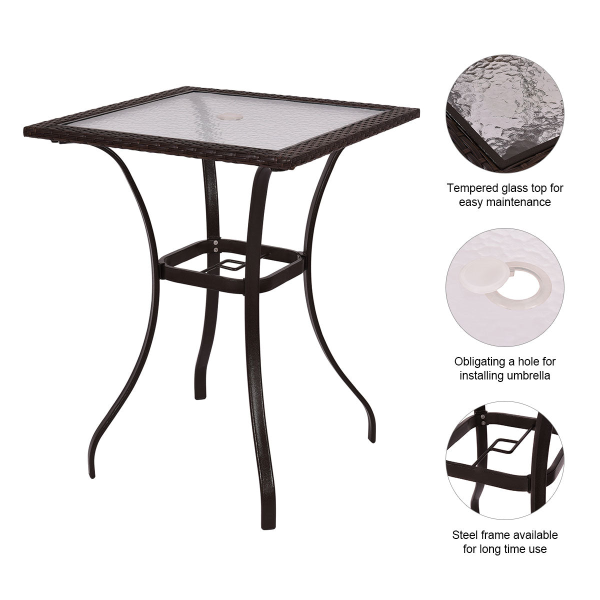 Patiojoy Patio Square Bar Glass Table Umbrella Deck Outdoor Garden Furniture