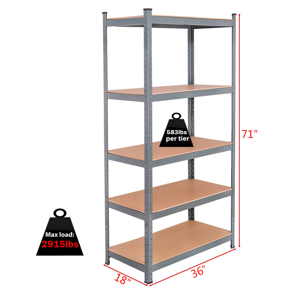 72"Height 5-tier Steel Garage Shelf Metal Adjustable Storage Rack Unit
