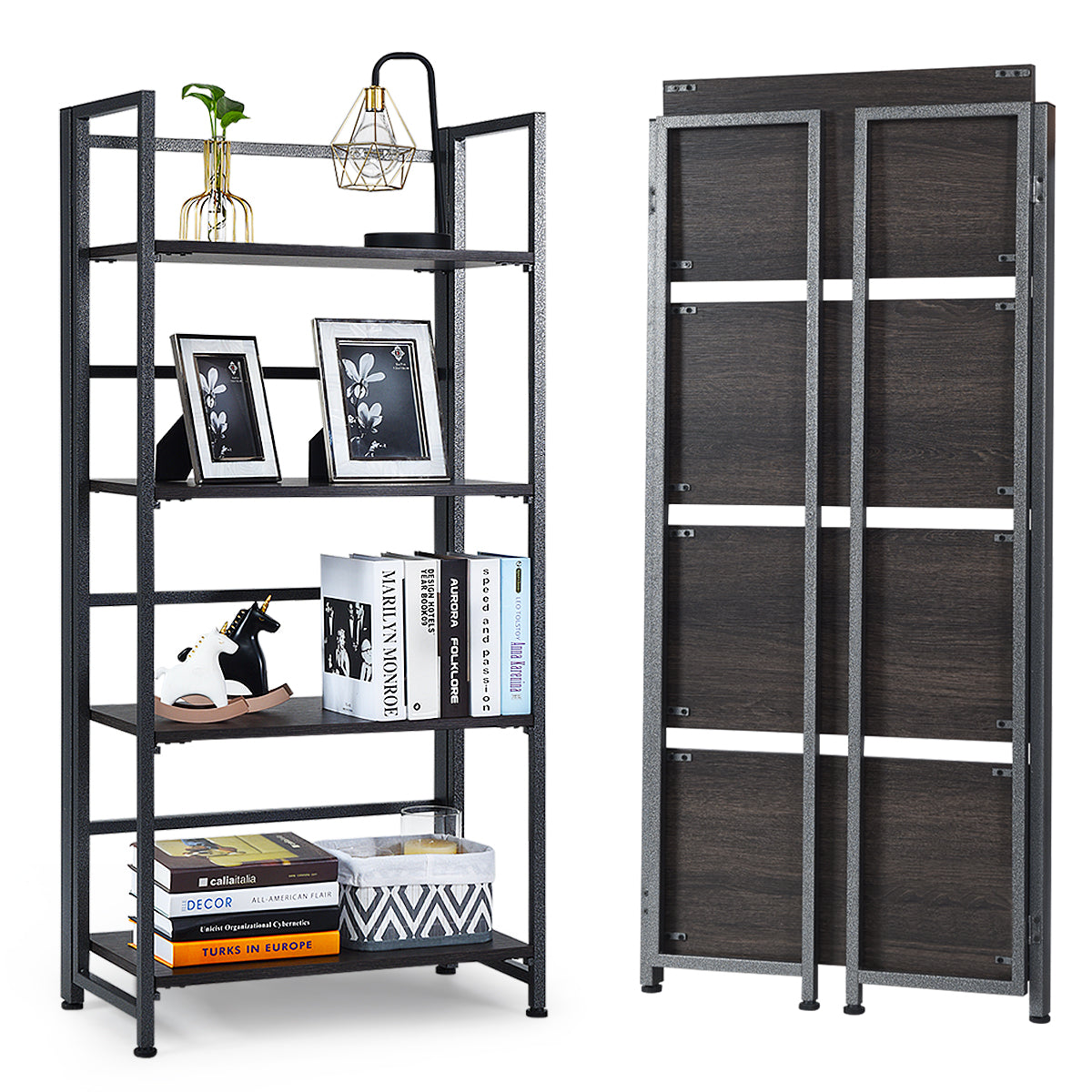 Topbuy 4-Tier Folding Bookshelf Open Display Rack Metal Storage Shelf Home Office