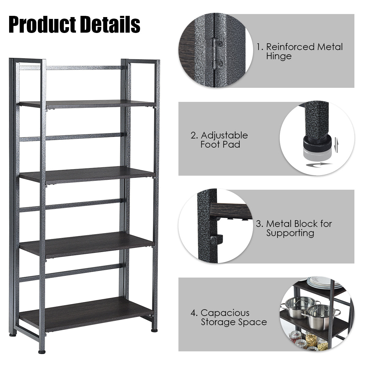 Topbuy 4-Tier Folding Bookshelf Open Display Rack Metal Storage Shelf Home Office