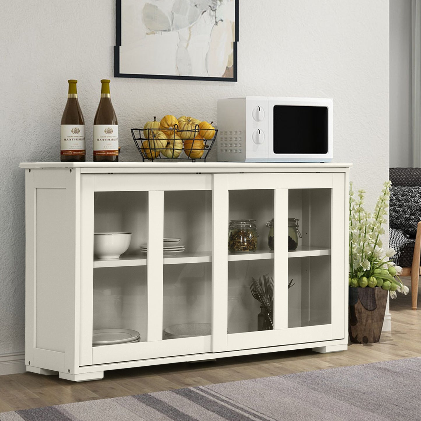 Topbuy Wooden Buffet Cupboard Kitchen Storage Sideboard Glass Sliding Door Antique