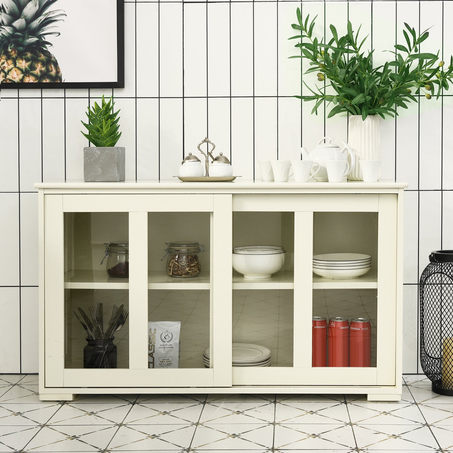 Topbuy Wooden Buffet Cupboard Kitchen Storage Sideboard Glass Sliding Door Antique