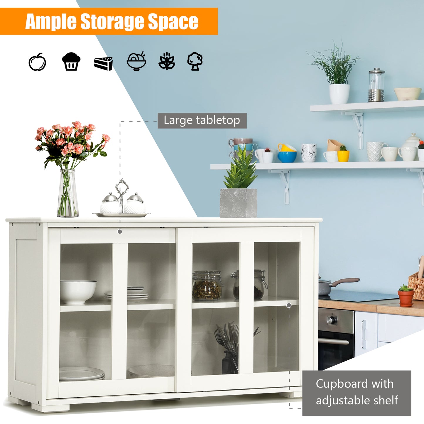 Topbuy Wooden Buffet Cupboard Kitchen Storage Sideboard Glass Sliding Door Antique