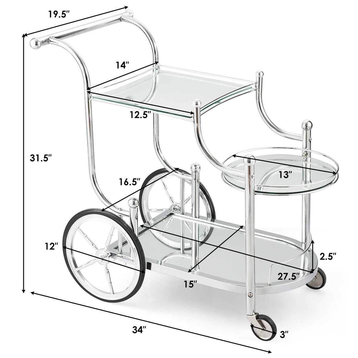 Topbuy Serving Cart Kitchen Bar Wine Tea Cart Glass Shelves with Wheels