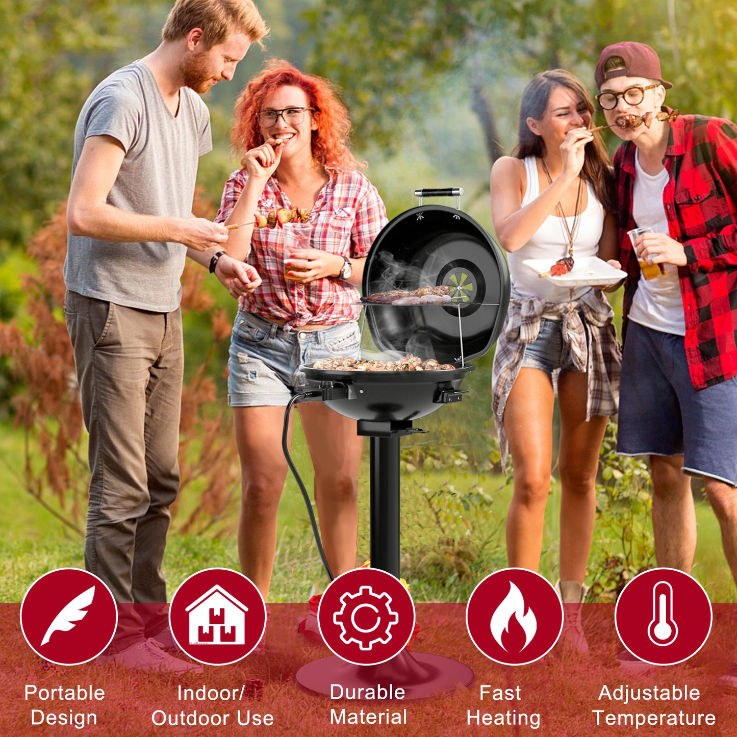 Topbuy Electric BBQ Grill Portable Standing Grill with Removable Non-Stick Warming Rack Adjustable Temperature 1600 Watts Grill for Indoor & Outdoor Use Red