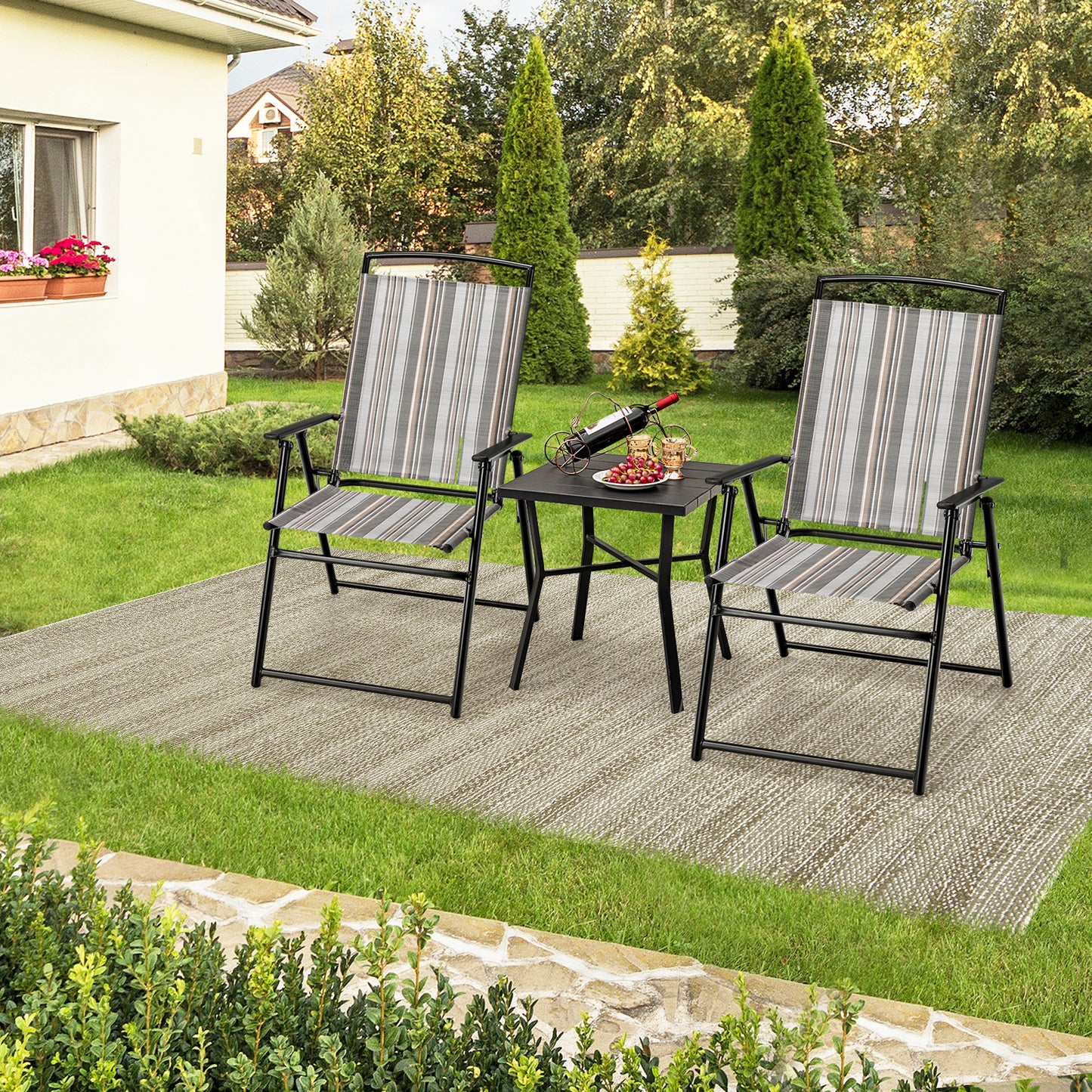 Topbuy Outdoor Folding Chairs Set of 2 Lightweight High Back Chairs w/ Armrests Heavy-Duty Metal Frame
