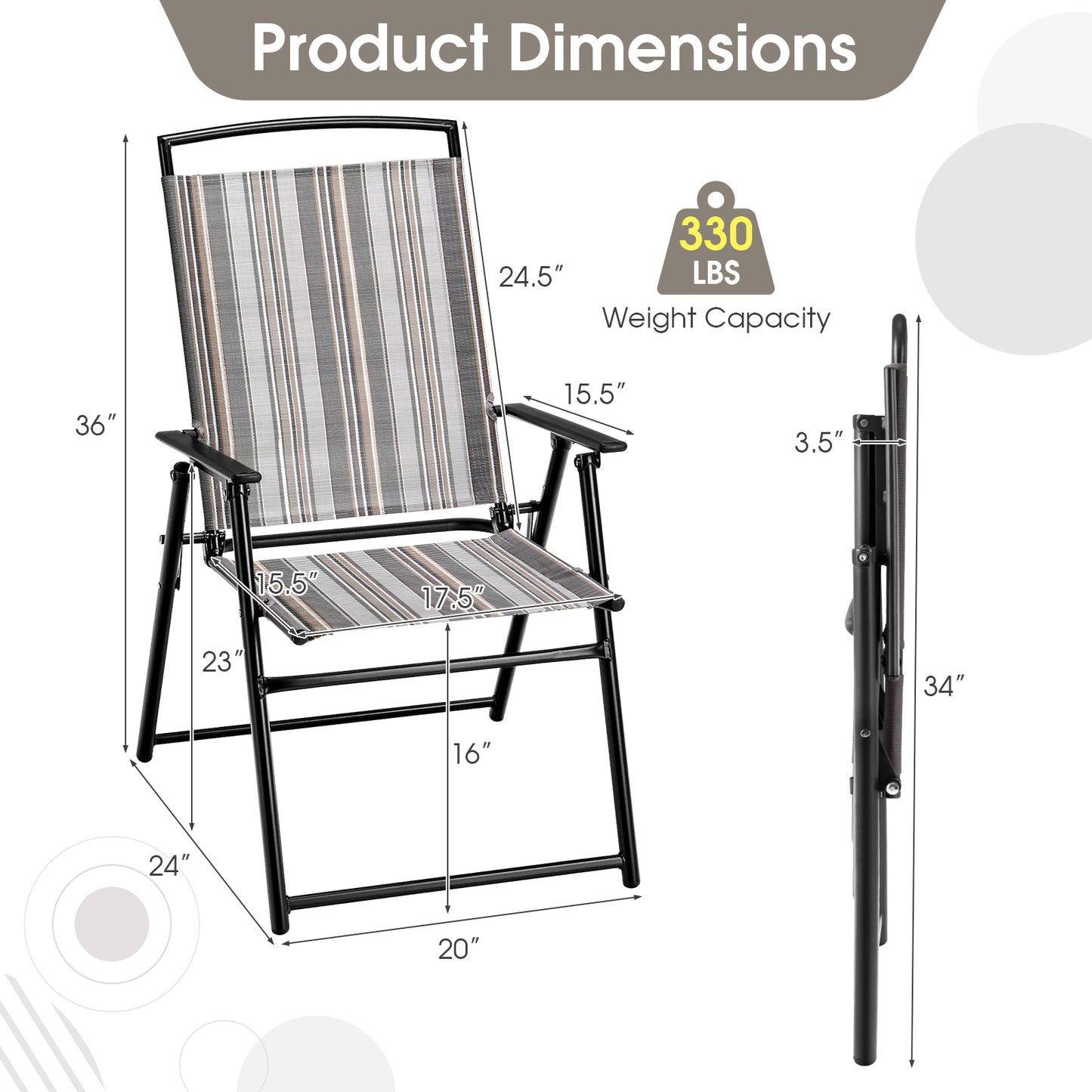 Topbuy Outdoor Folding Chairs Set of 2 Lightweight High Back Chairs w/ Armrests Heavy-Duty Metal Frame