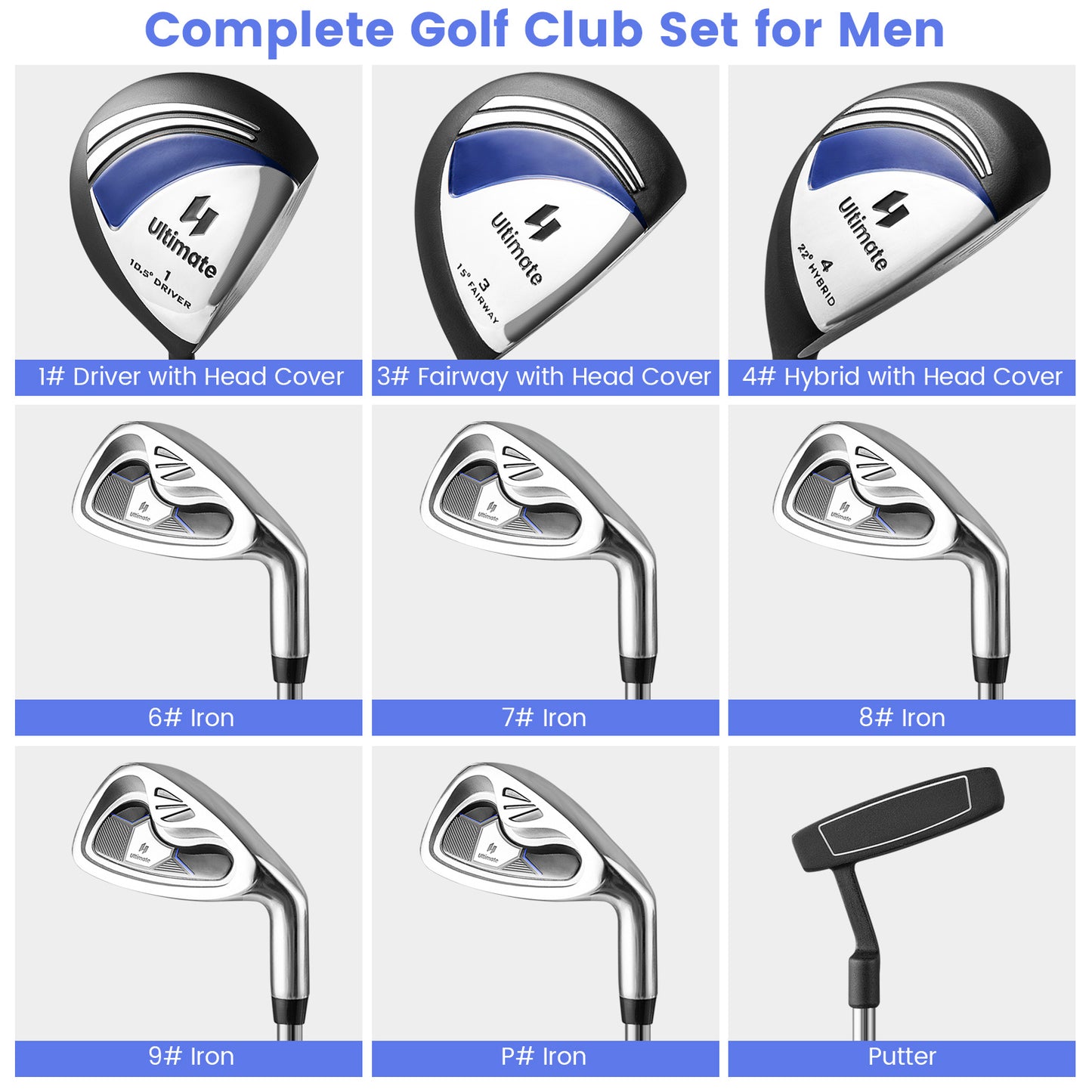 Topbuy Men’s 9 Pieces Complete Golf Club Set Includes 460cc Alloy Driver 3# Fairway Wood 4# Hybrid 6# 7# 8# 9# & P# Irons Grey/Navy