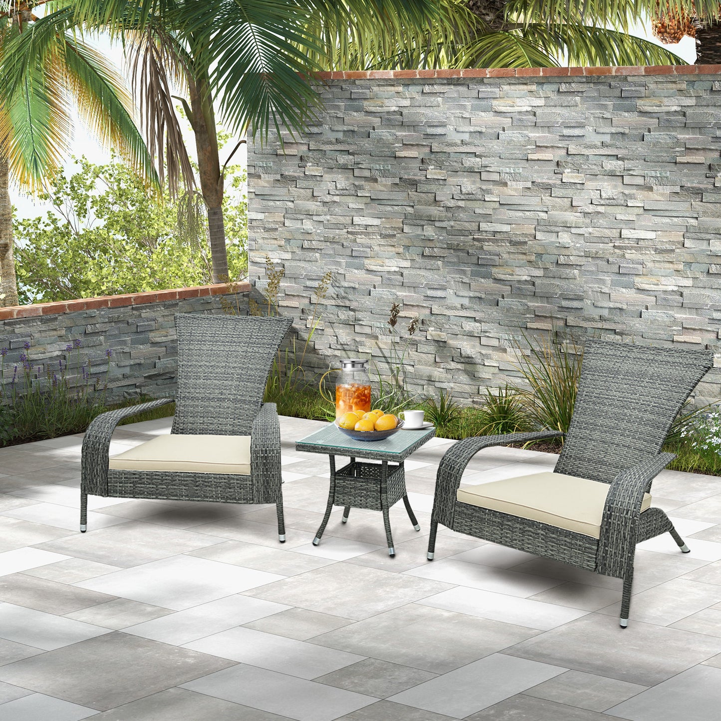 Topbuy 3-Piece Wicker Adirondack Set Ergonomic Oversized Rattan Chairs w/ Coffee Table Comfy Seat Cushions