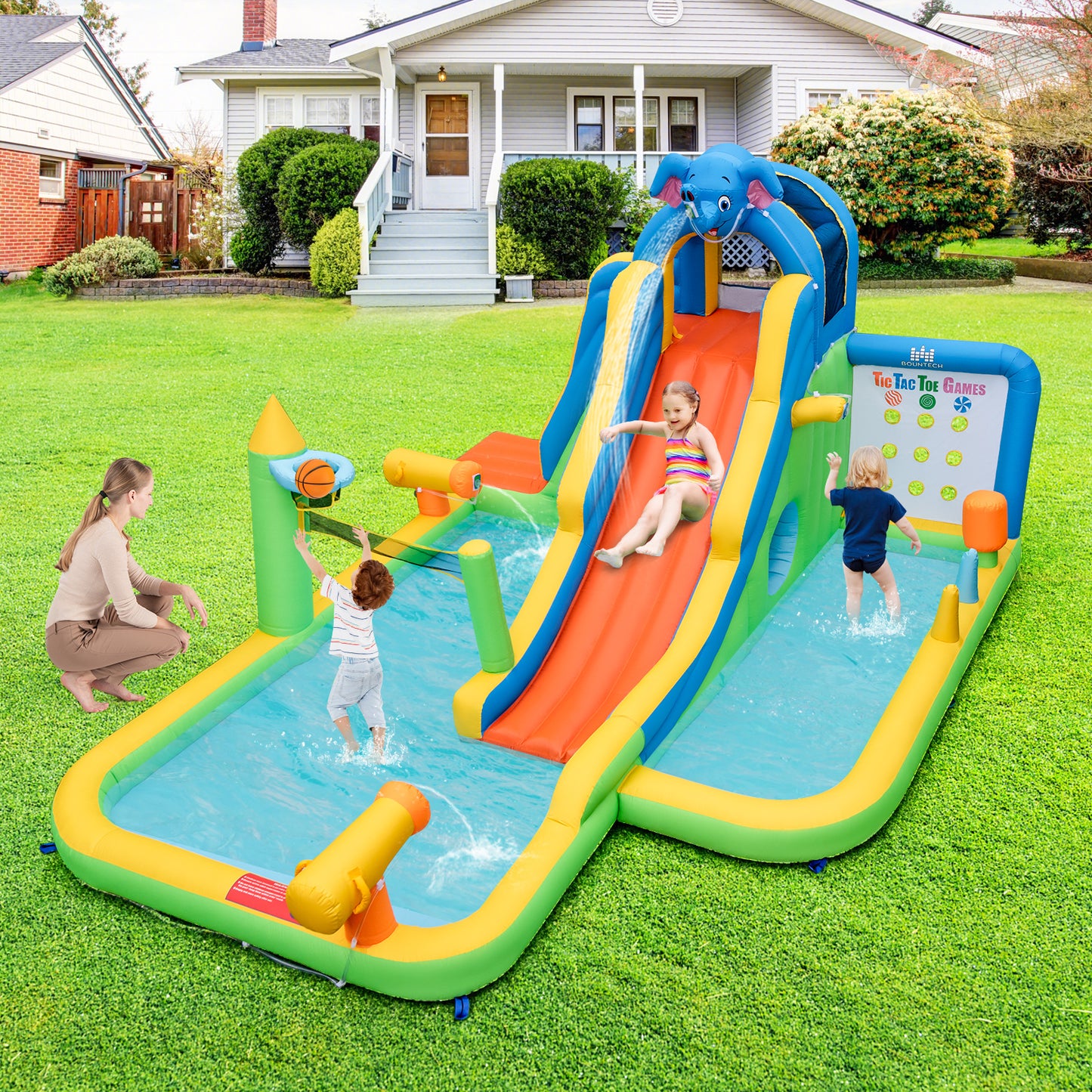 Topbuy Inflatable Water Slide 9-in-1 Blow-up Water Park for Kids with Splash Pool Climbing Wall Water Guns Basketball Toss with 950W Blower