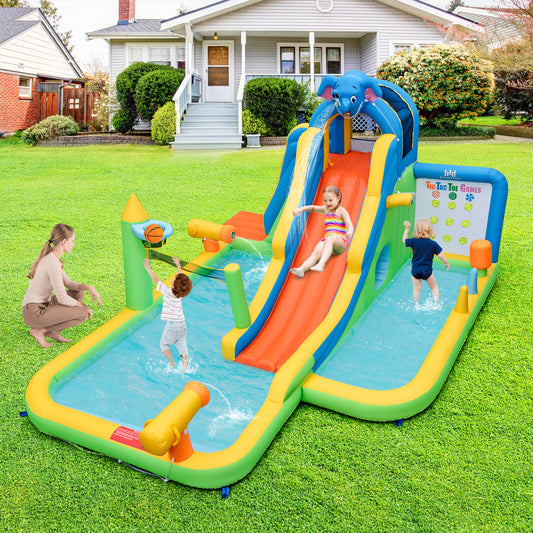 Topbuy Inflatable Water Slide 9-in-1 Blow-up Water Park for Kids with Splash Pool Climbing Wall Water Guns Basketball Toss with 950W Blower