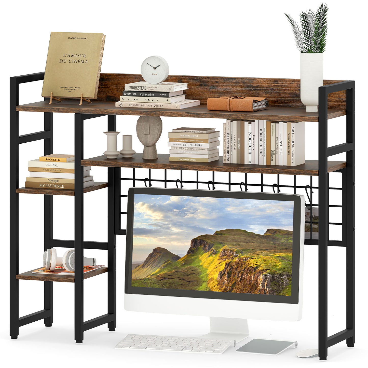 Topbuy Desk Shelf w/ Storage Grid, Multipurpose Countertop Hutch for up to 32" Computer Monitors  Rustic Brown/Black/Natural