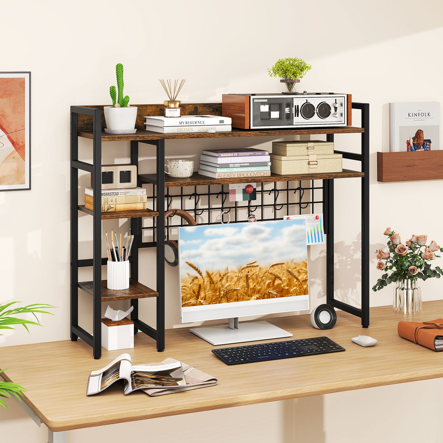 Topbuy Desk Shelf w/ Storage Grid, Multipurpose Countertop Hutch for up to 32" Computer Monitors  Rustic Brown/Black/Natural