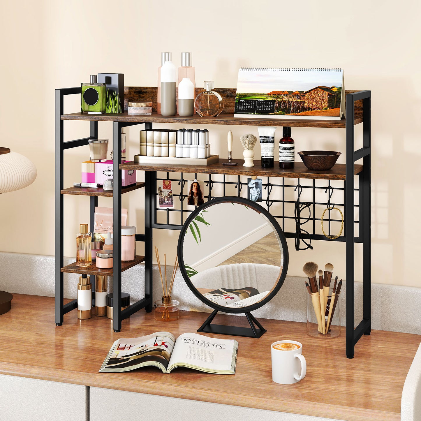 Topbuy Desk Shelf w/ Storage Grid, Multipurpose Countertop Hutch for up to 32" Computer Monitors  Rustic Brown/Black/Natural