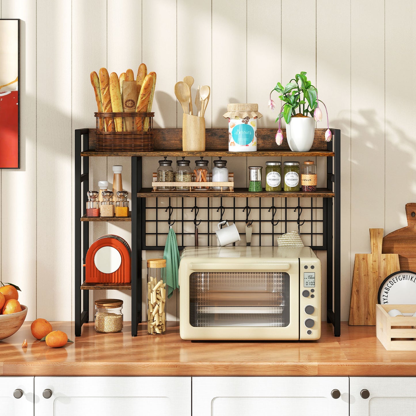 Topbuy Desk Shelf w/ Storage Grid, Multipurpose Countertop Hutch for up to 32" Computer Monitors  Rustic Brown/Black/Natural