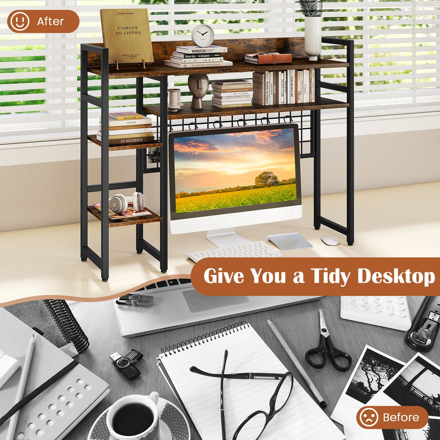 Topbuy Desk Shelf w/ Storage Grid, Multipurpose Countertop Hutch for up to 32" Computer Monitors  Rustic Brown/Black/Natural