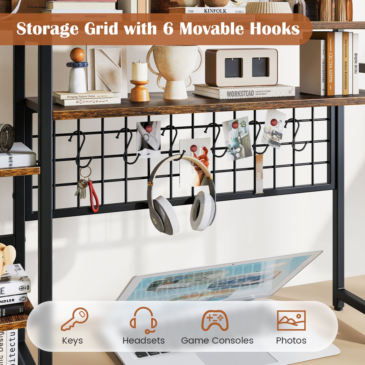 Topbuy Desk Shelf w/ Storage Grid, Multipurpose Countertop Hutch for up to 32" Computer Monitors  Rustic Brown/Black/Natural