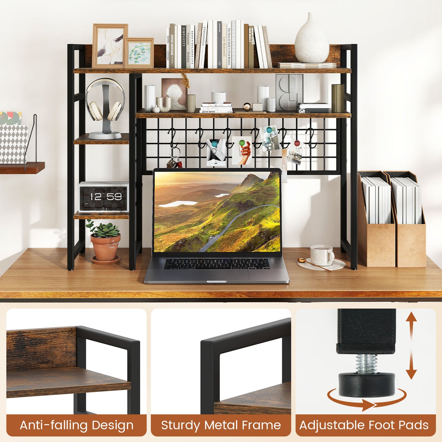 Topbuy Desk Shelf w/ Storage Grid, Multipurpose Countertop Hutch for up to 32" Computer Monitors  Rustic Brown/Black/Natural