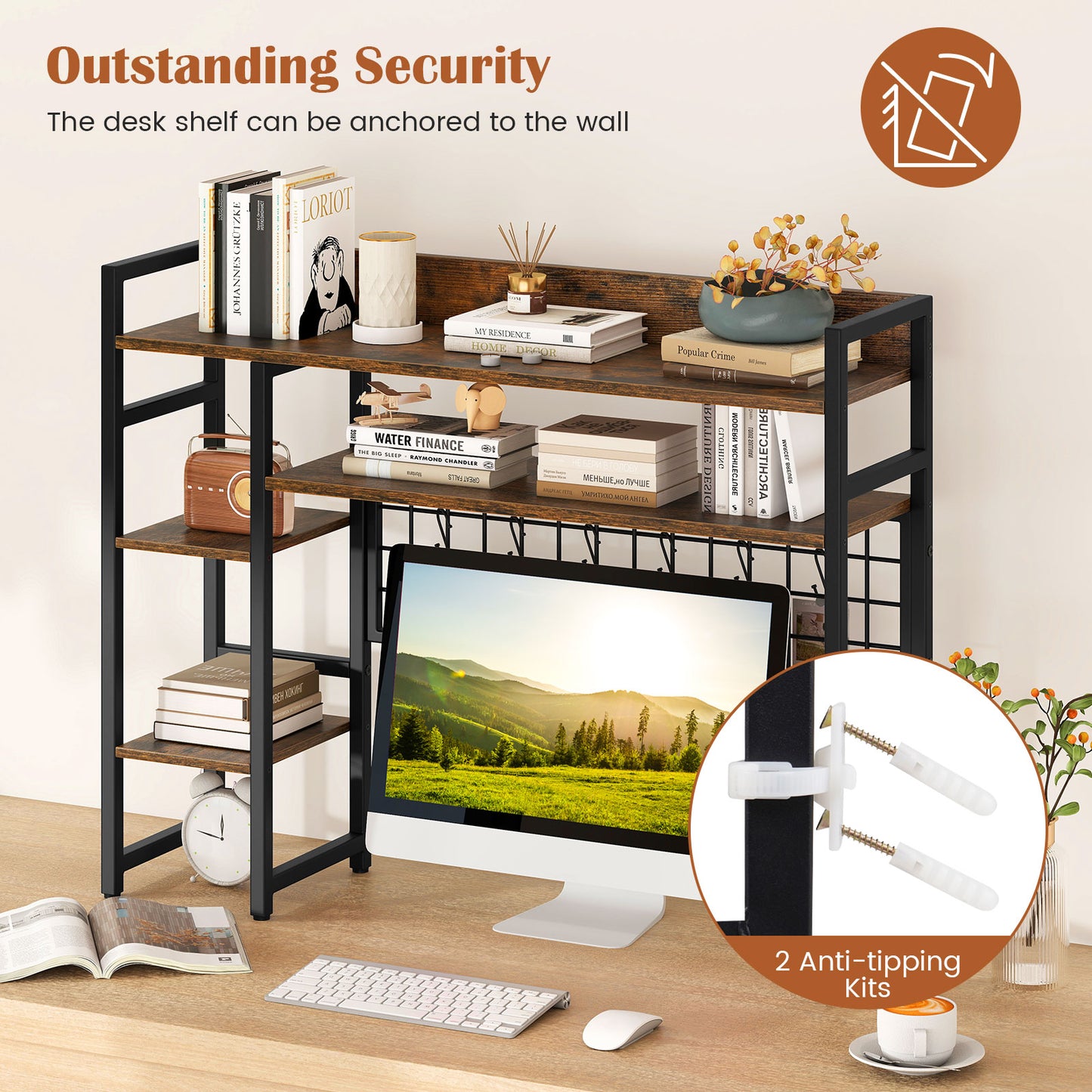 Topbuy Desk Shelf w/ Storage Grid, Multipurpose Countertop Hutch for up to 32" Computer Monitors  Rustic Brown/Black/Natural