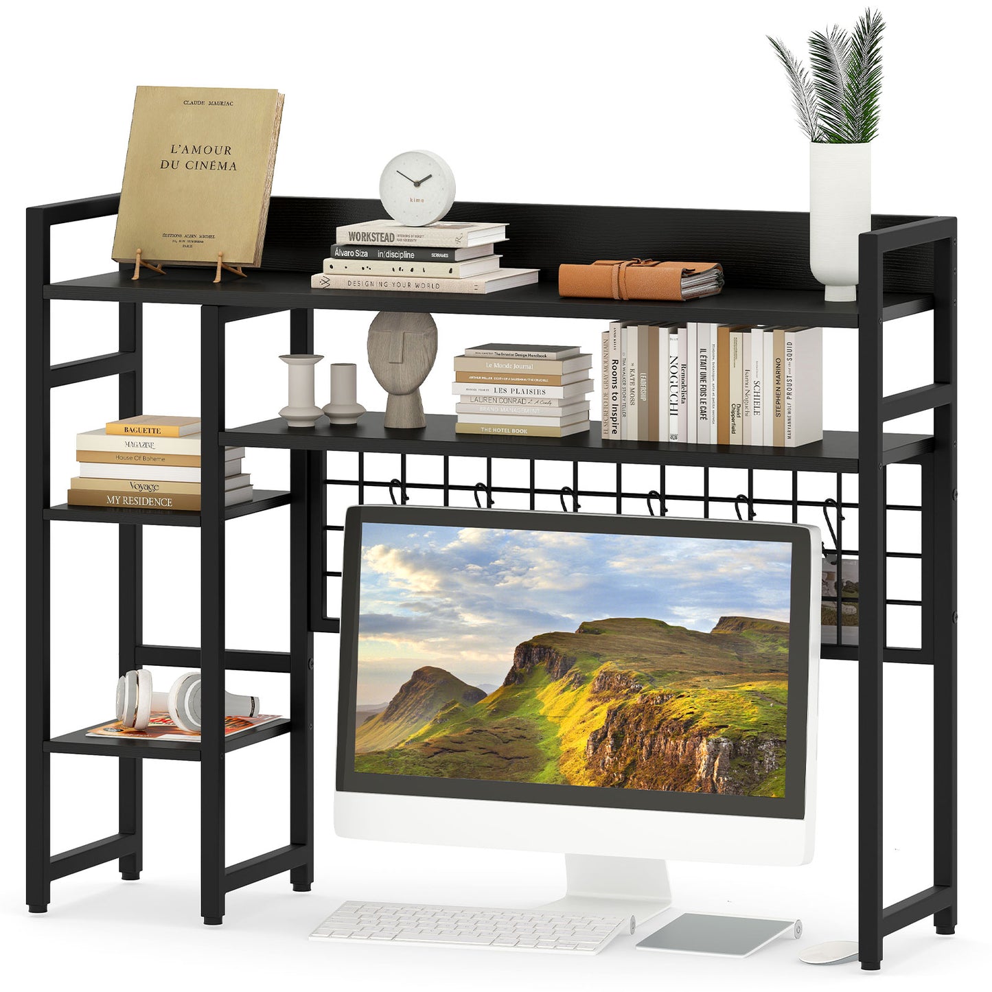 Topbuy Desk Shelf w/ Storage Grid, Multipurpose Countertop Hutch for up to 32" Computer Monitors  Rustic Brown/Black/Natural