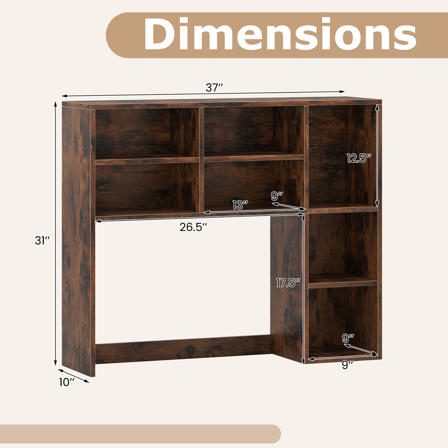 Topbuy Desktop Bookshelf 37" Countertop Storage Hutch with 7 Cubes & 3 Adjustable Shelves 3-Tier Desk Display Rack Organizer Desktop Hutch Brown/Natural/White/Oak