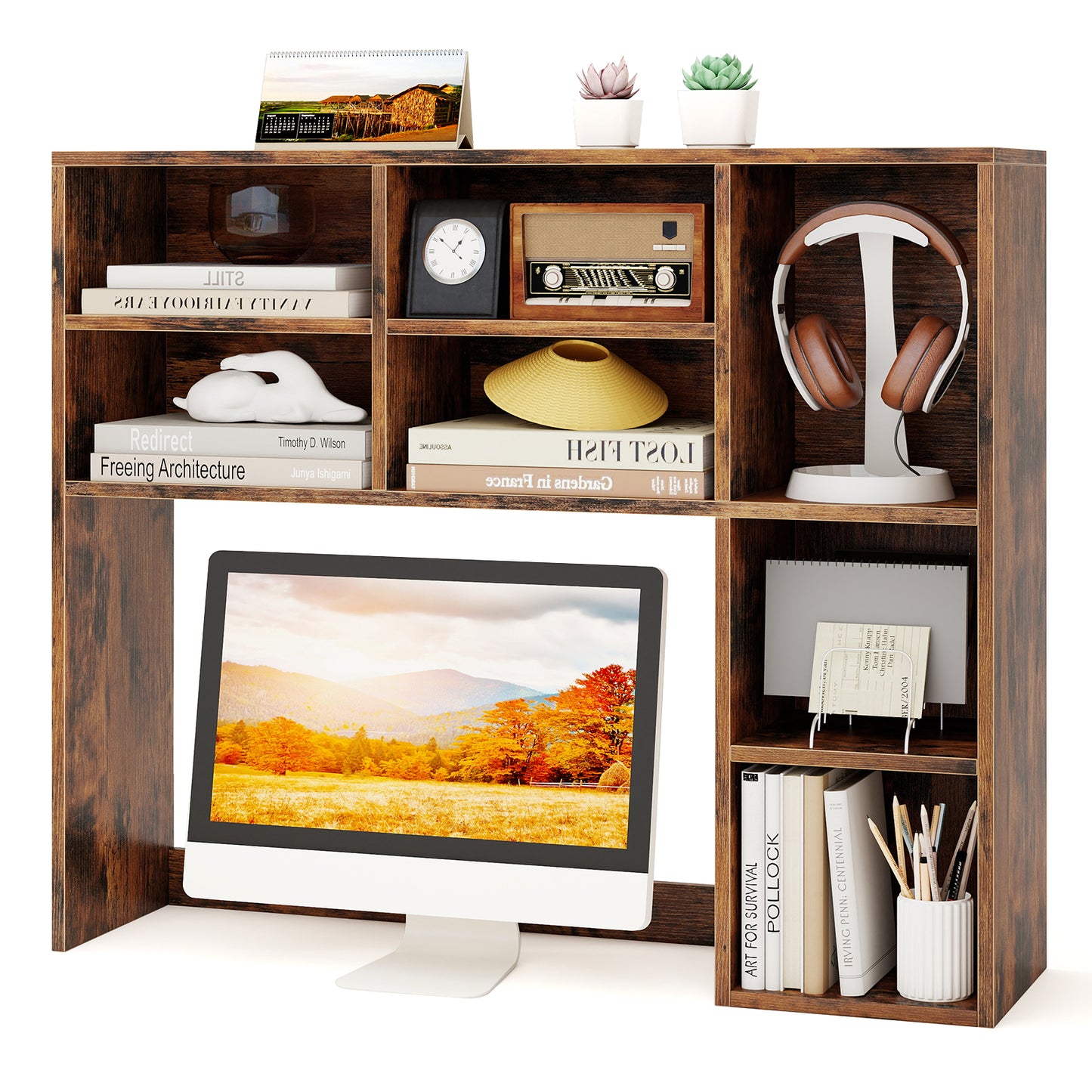 Topbuy Desktop Bookshelf 37" Countertop Storage Hutch with 7 Cubes & 3 Adjustable Shelves 3-Tier Desk Display Rack Organizer Desktop Hutch Brown/Natural/White/Oak
