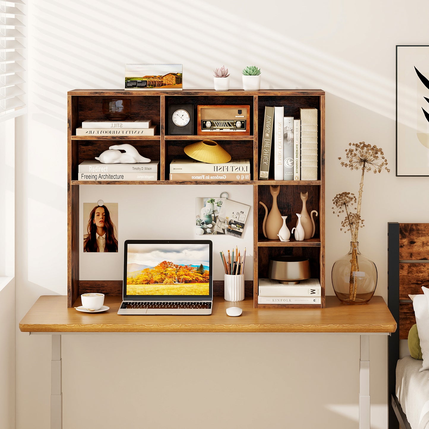 Topbuy Desktop Bookshelf 37" Countertop Storage Hutch with 7 Cubes & 3 Adjustable Shelves 3-Tier Desk Display Rack Organizer Desktop Hutch Brown/Natural/White/Oak