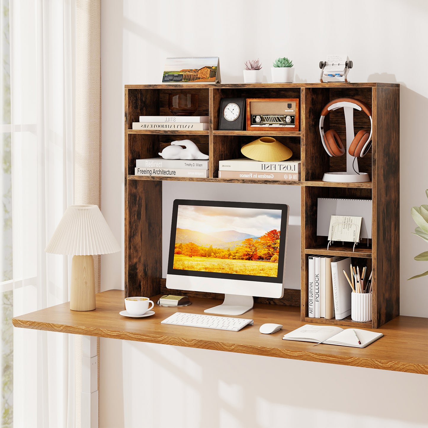 Topbuy Desktop Bookshelf 37" Countertop Storage Hutch with 7 Cubes & 3 Adjustable Shelves 3-Tier Desk Display Rack Organizer Desktop Hutch Brown/Natural/White/Oak