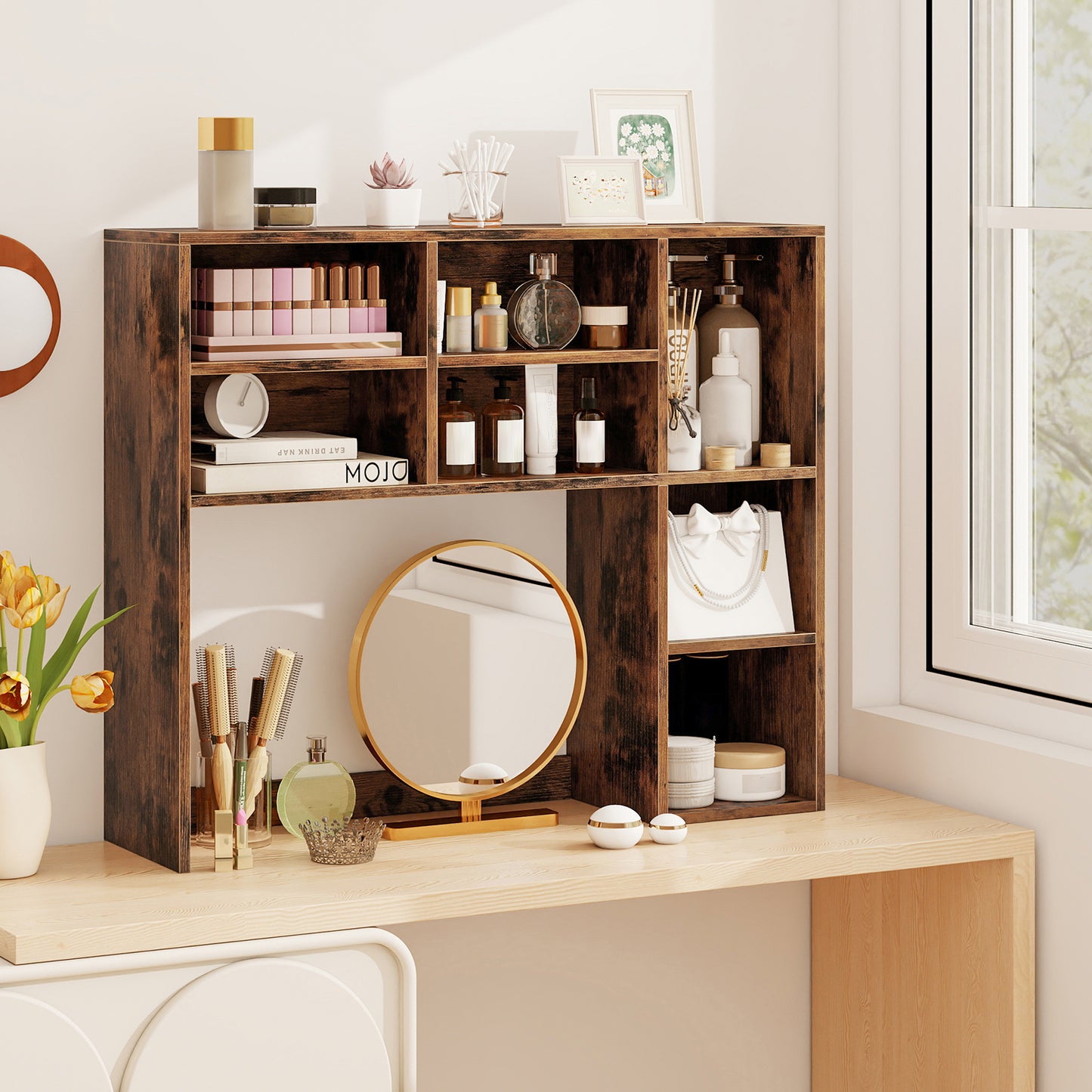 Topbuy Desktop Bookshelf 37" Countertop Storage Hutch with 7 Cubes & 3 Adjustable Shelves 3-Tier Desk Display Rack Organizer Desktop Hutch Brown/Natural/White/Oak