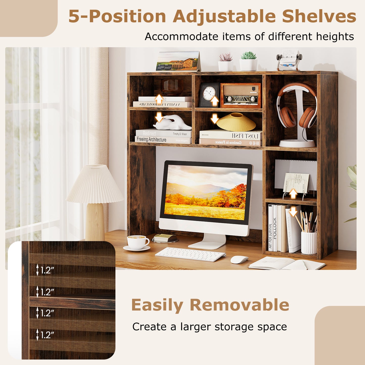 Topbuy Desktop Bookshelf 37" Countertop Storage Hutch with 7 Cubes & 3 Adjustable Shelves 3-Tier Desk Display Rack Organizer Desktop Hutch Brown/Natural/White/Oak