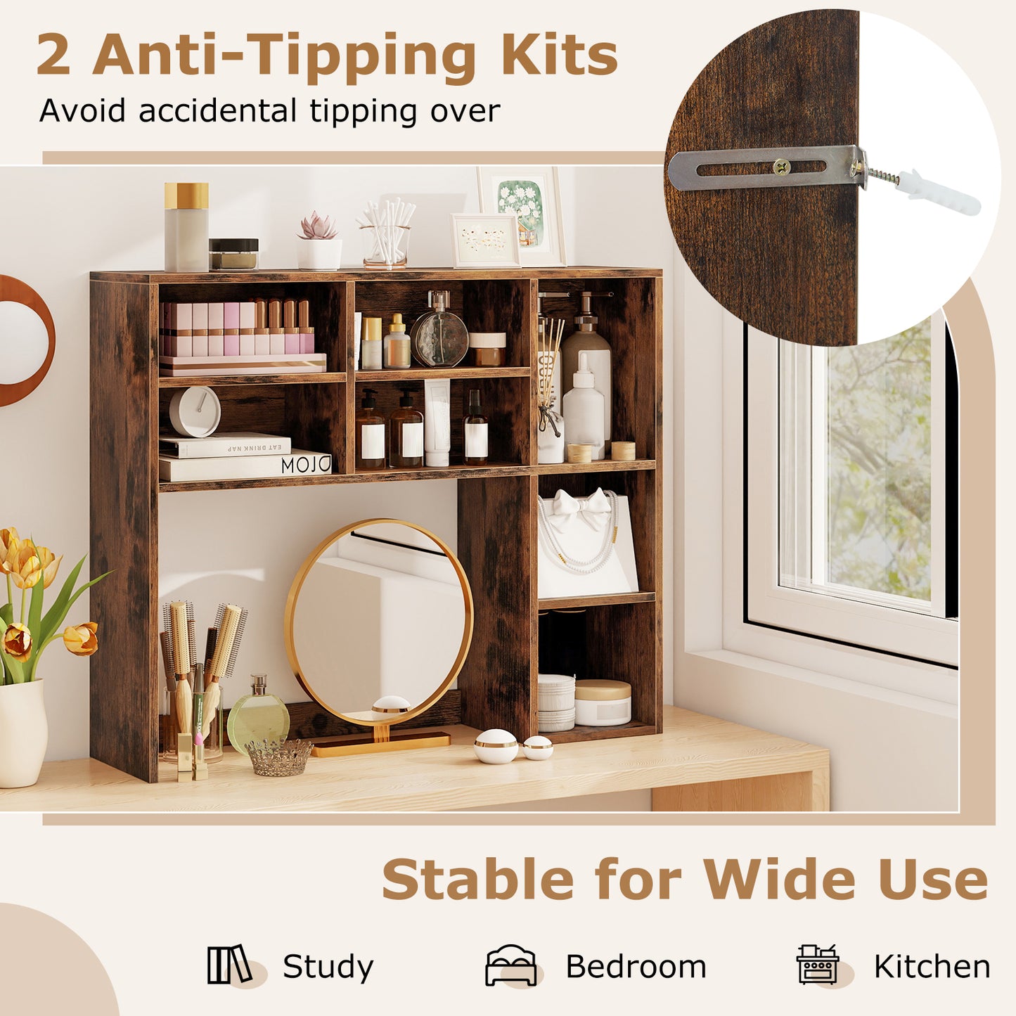 Topbuy Desktop Bookshelf 37" Countertop Storage Hutch with 7 Cubes & 3 Adjustable Shelves 3-Tier Desk Display Rack Organizer Desktop Hutch Brown/Natural/White/Oak