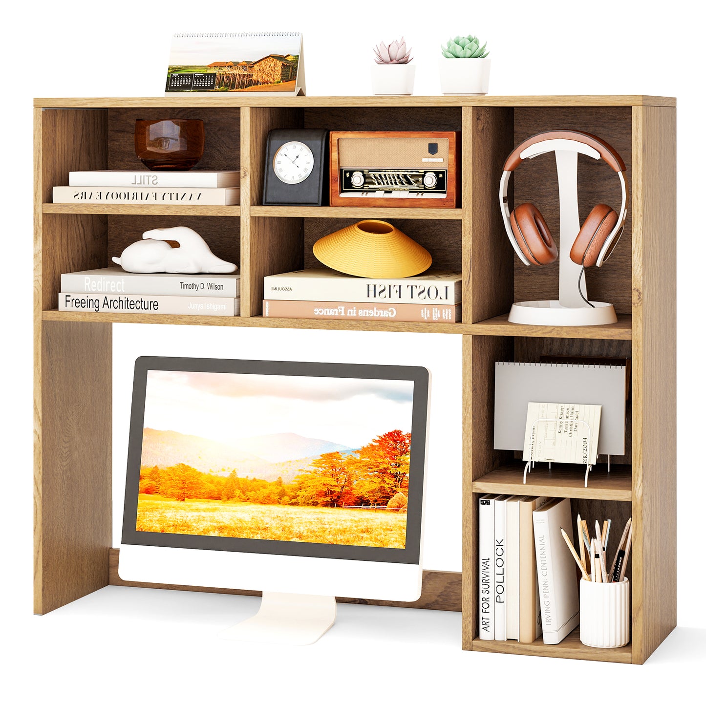 Topbuy Desktop Bookshelf 37" Countertop Storage Hutch with 7 Cubes & 3 Adjustable Shelves 3-Tier Desk Display Rack Organizer Desktop Hutch Brown/Natural/White/Oak