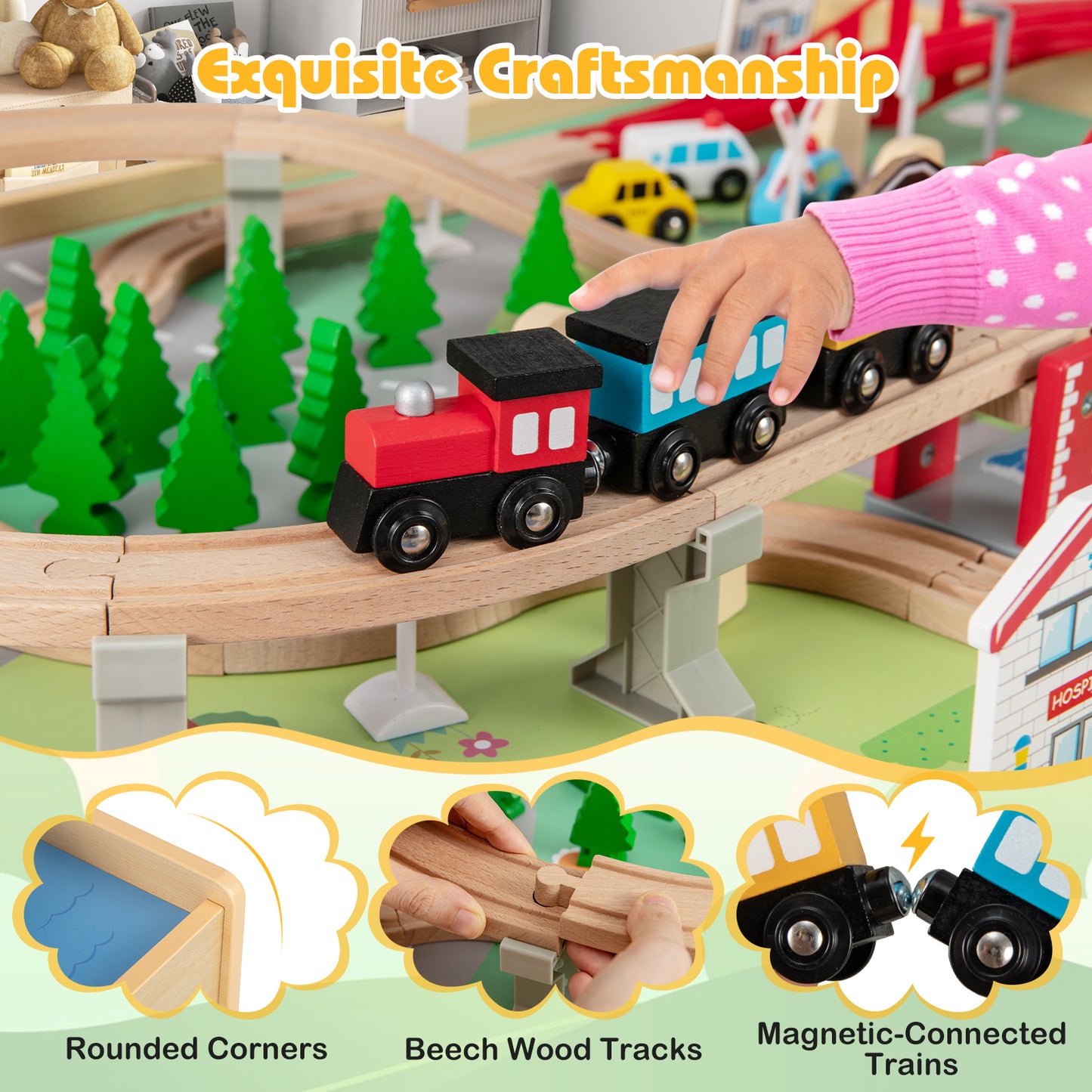 Patiojoy 94 PCS Wooden Train Set Table Multipurpose Activity Play Table with Reversible Tabletops