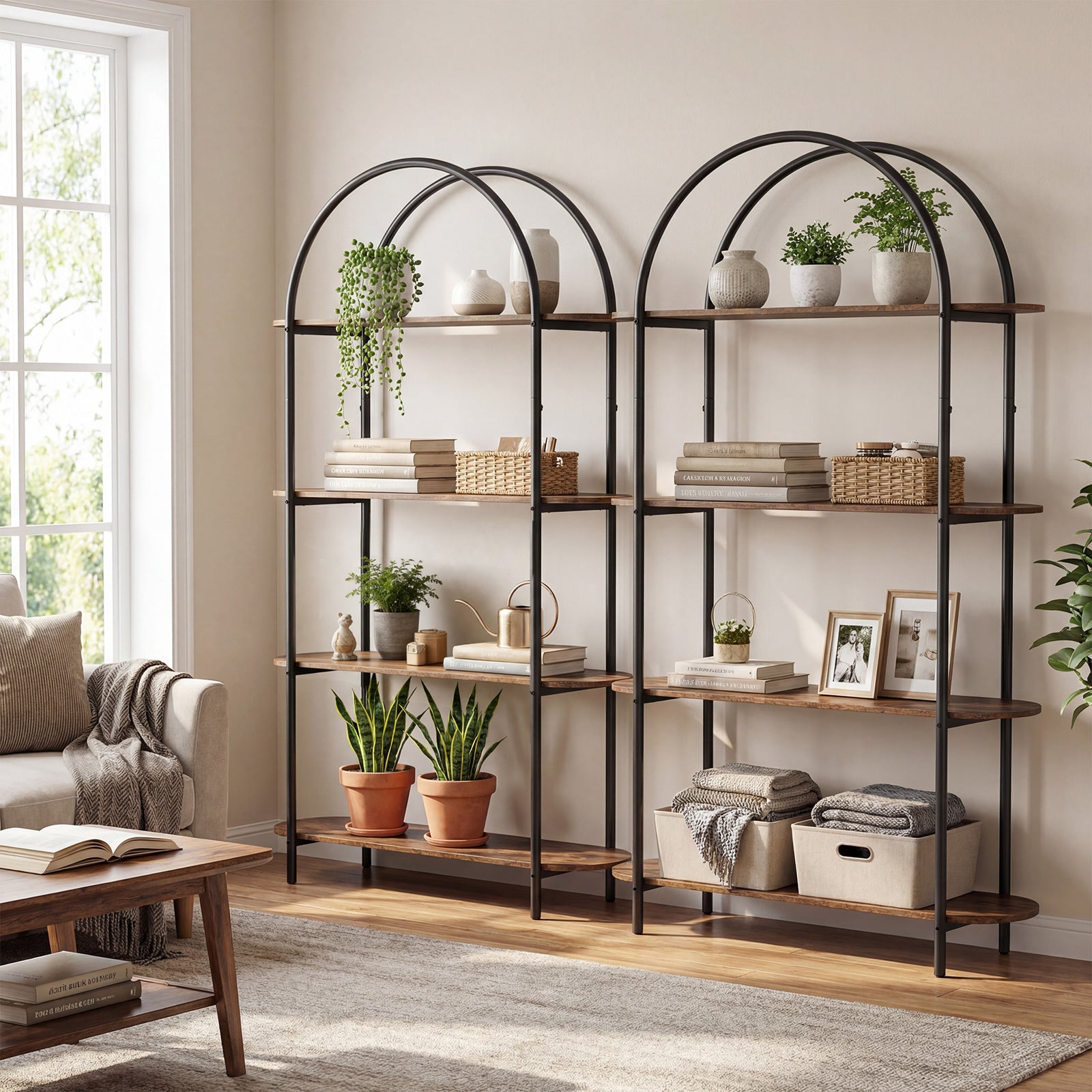 Patiojoy 4 Tier Arched Bookshelf Industrial Tall Open Bookcase with He ...