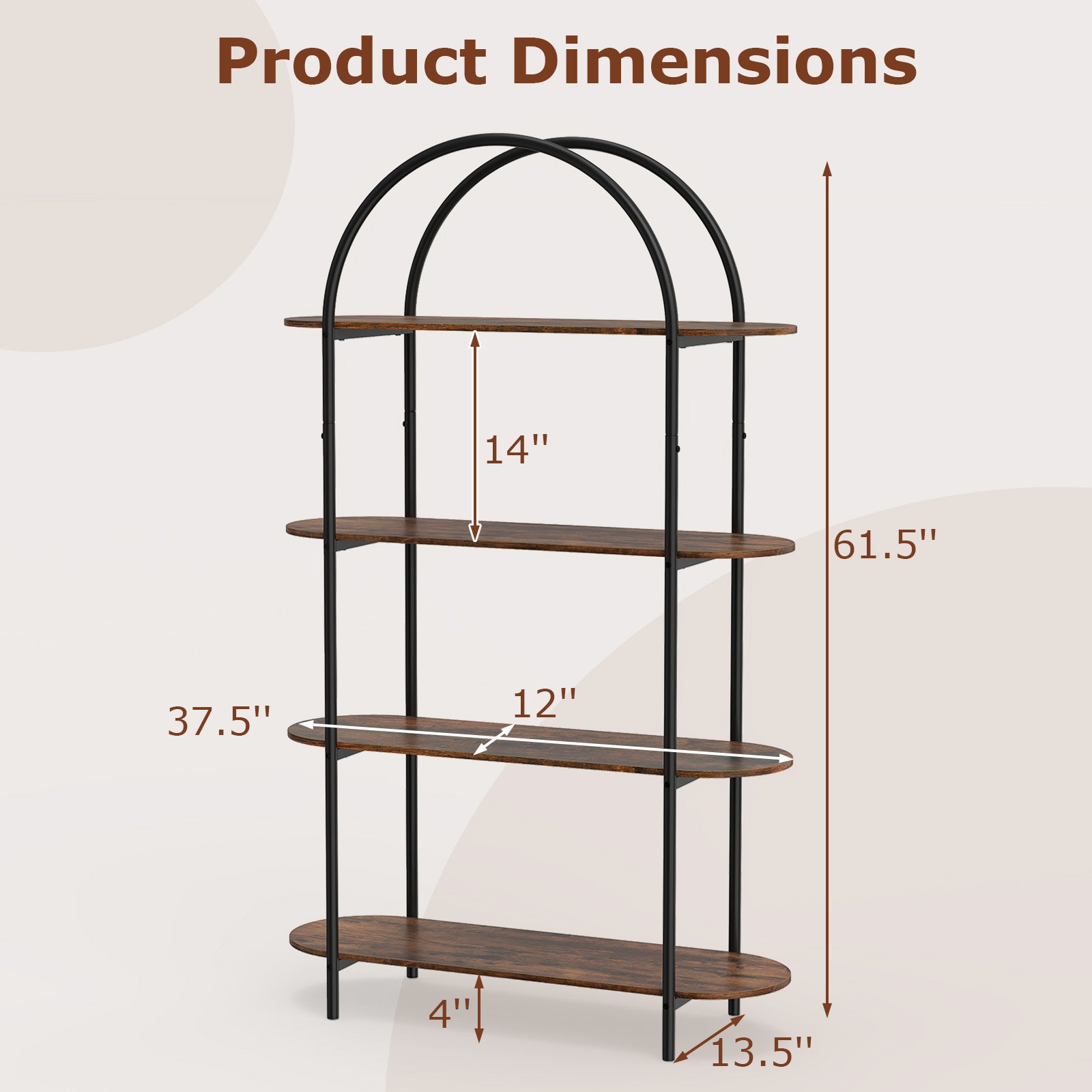 Patiojoy 4 Tier Arched Bookshelf Industrial Tall Open Bookcase with He ...