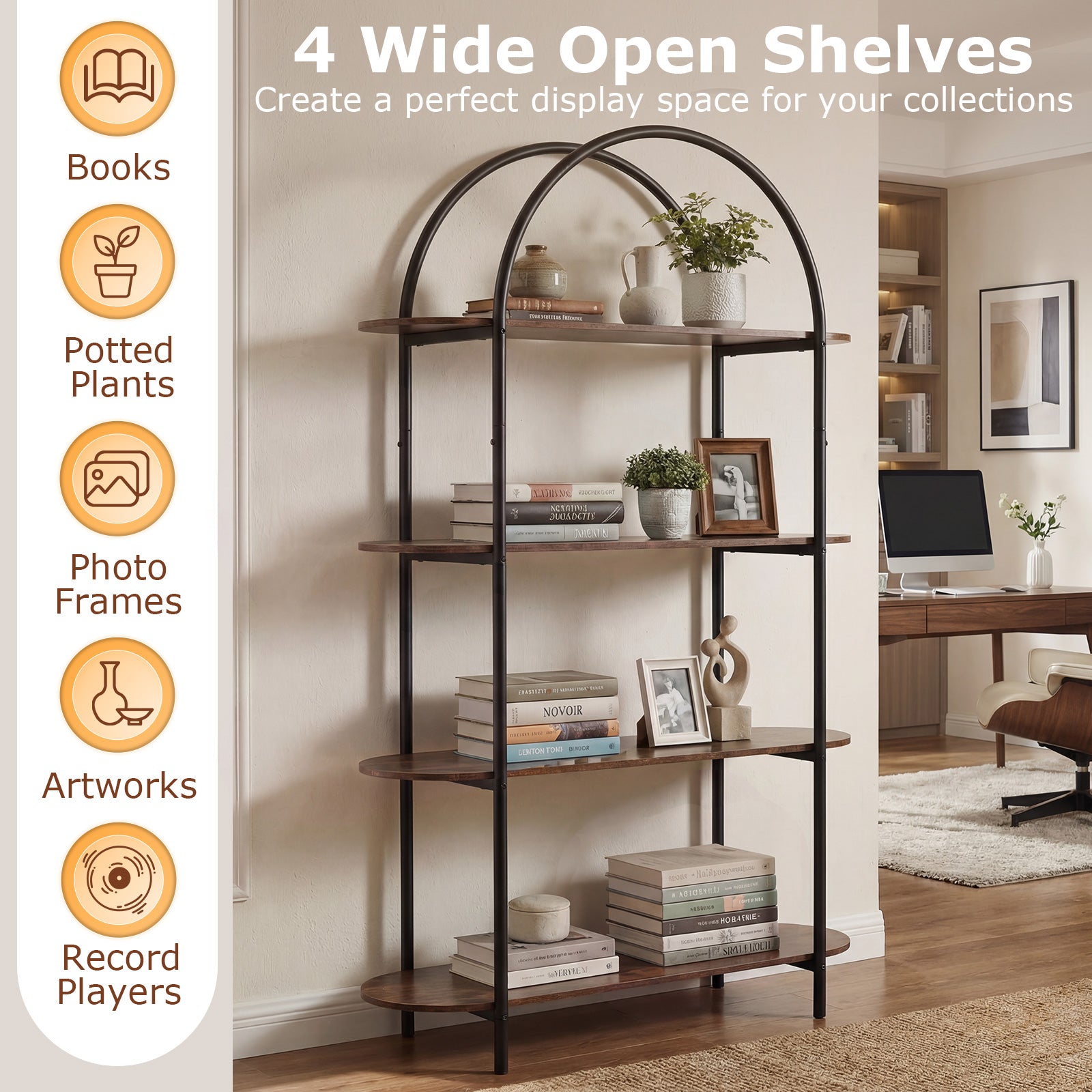 Patiojoy 4 Tier Arched Bookshelf Industrial Tall Open Bookcase with He ...
