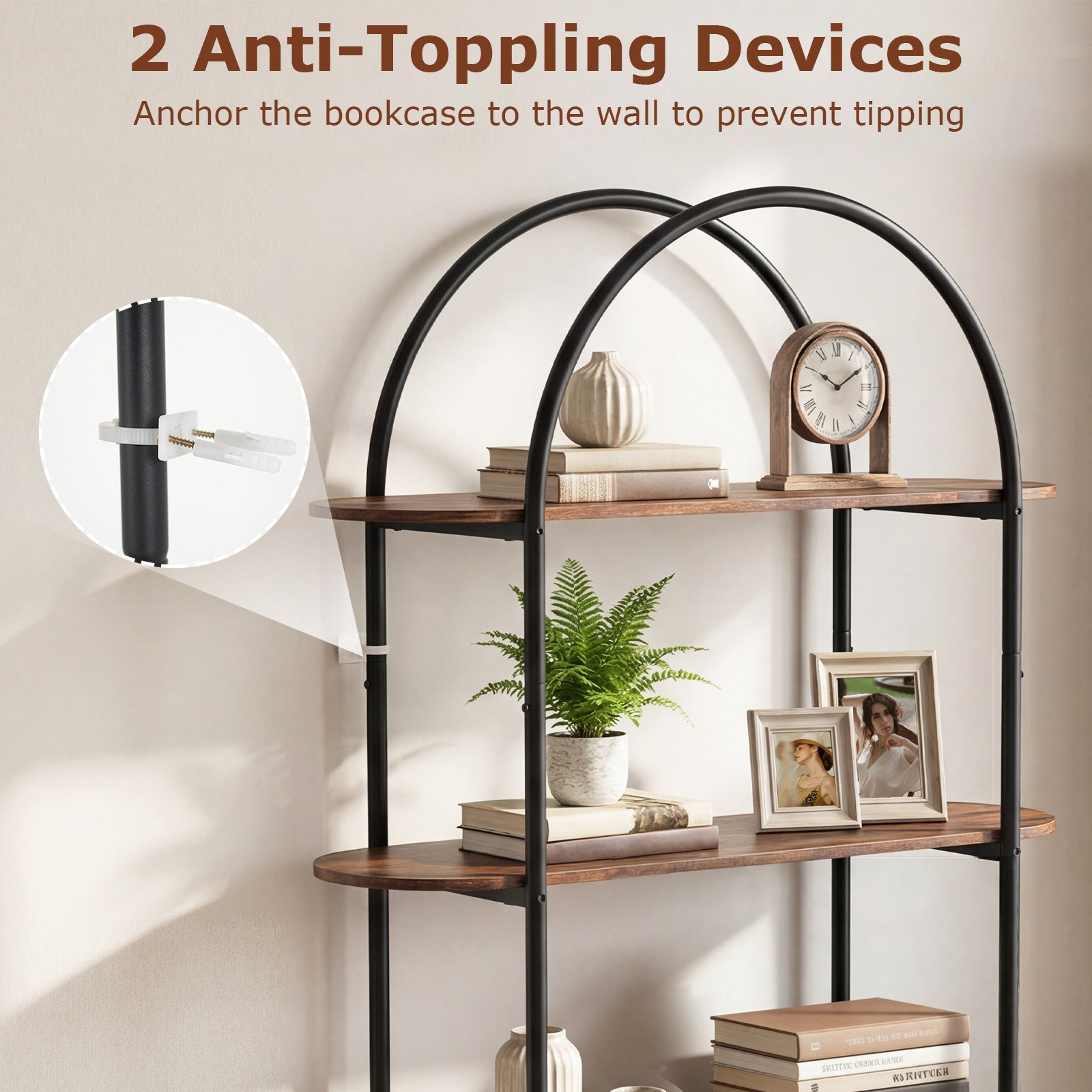 Patiojoy 4 Tier Arched Bookshelf Industrial Tall Open Bookcase with He ...