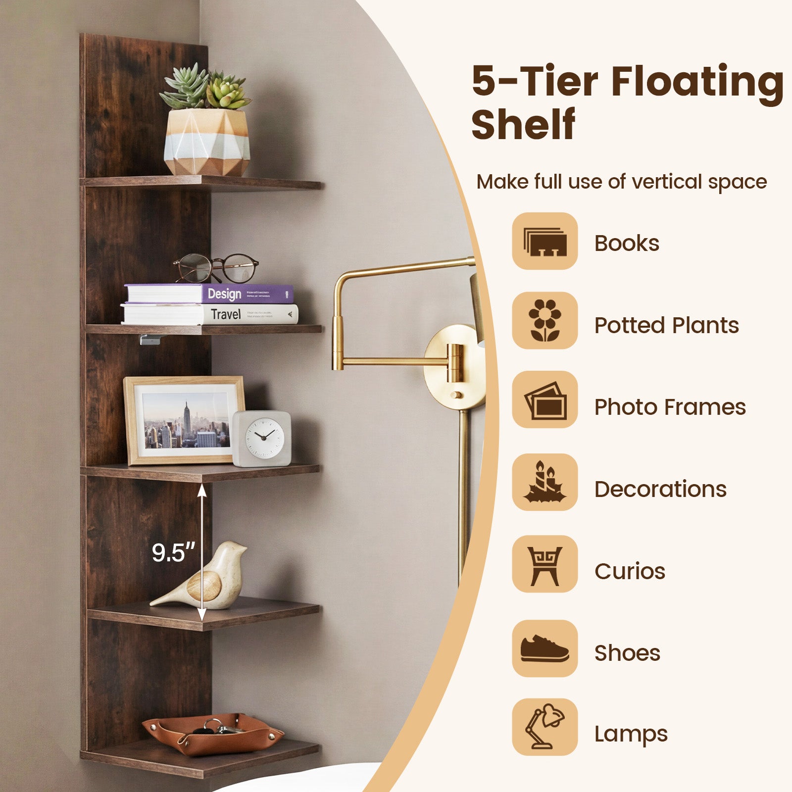 Patiojoy 5-Tier Wall Mounted Shelf Unit Floating Vertical Storage Shel ...