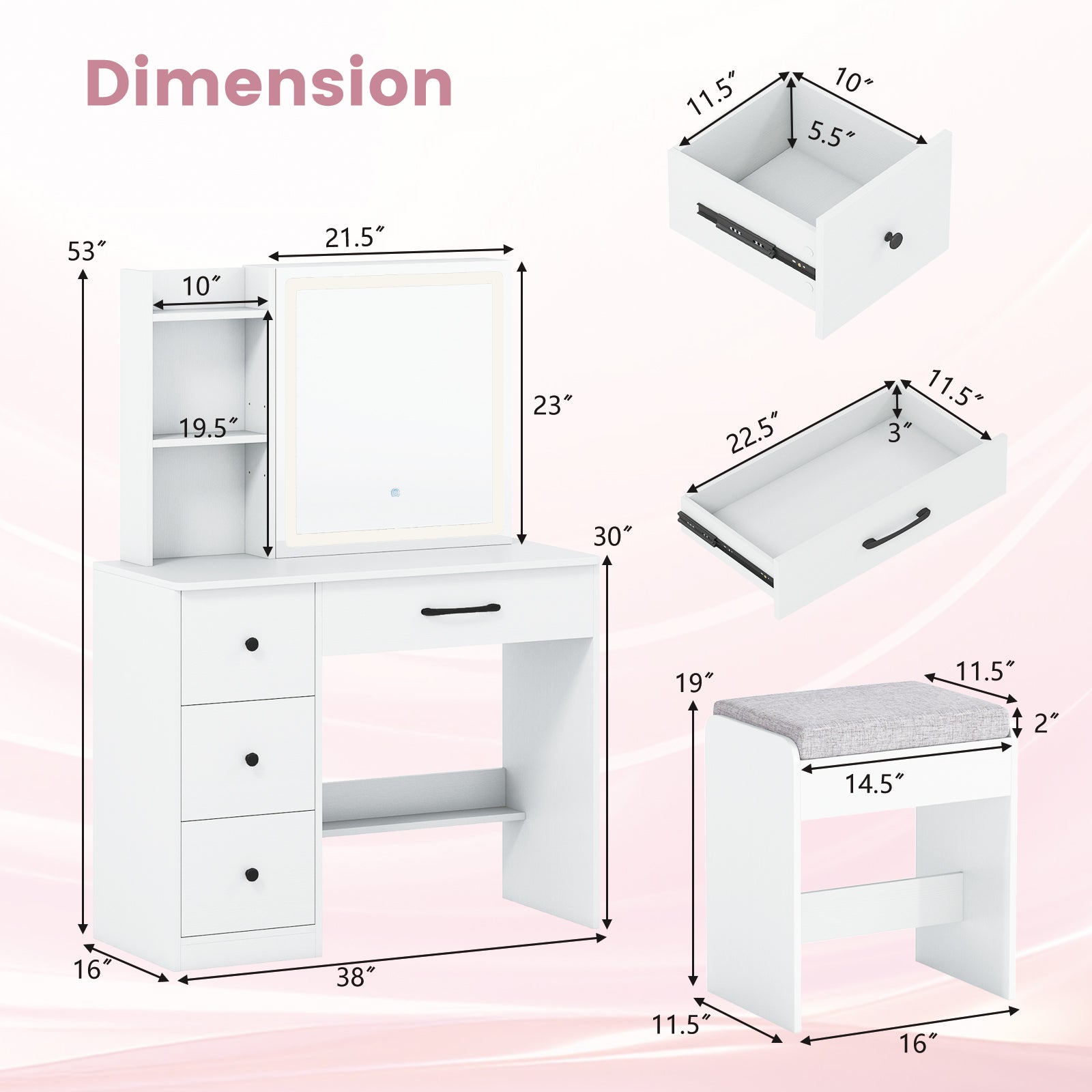 Patiojoy Vanity Desk with Mirror and Lights Makeup Dressing Table – Topbuy
