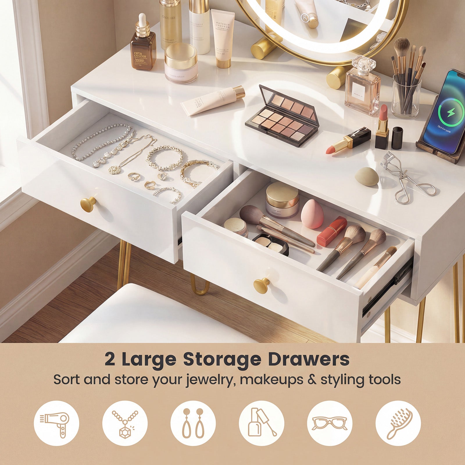 Patiojoy Vanity Desk Set Makeup Vanity Table with Removable Mirror Dre ...