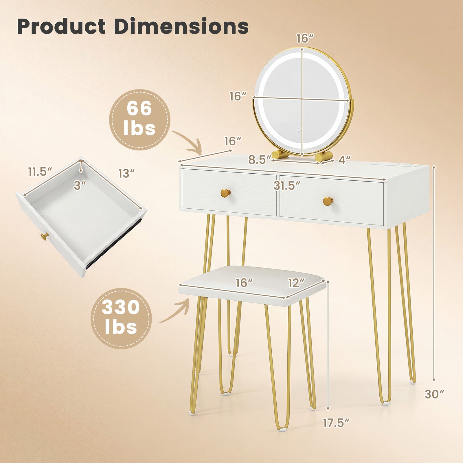 Patiojoy Vanity Desk Set Makeup Vanity Table with Removable Mirror Dre ...