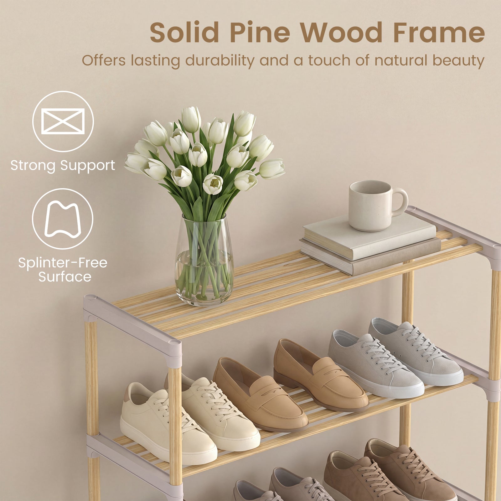 Patiojoy Solid Wood Shoe Rack Shoe Storage Organizer with Slatted Open ...