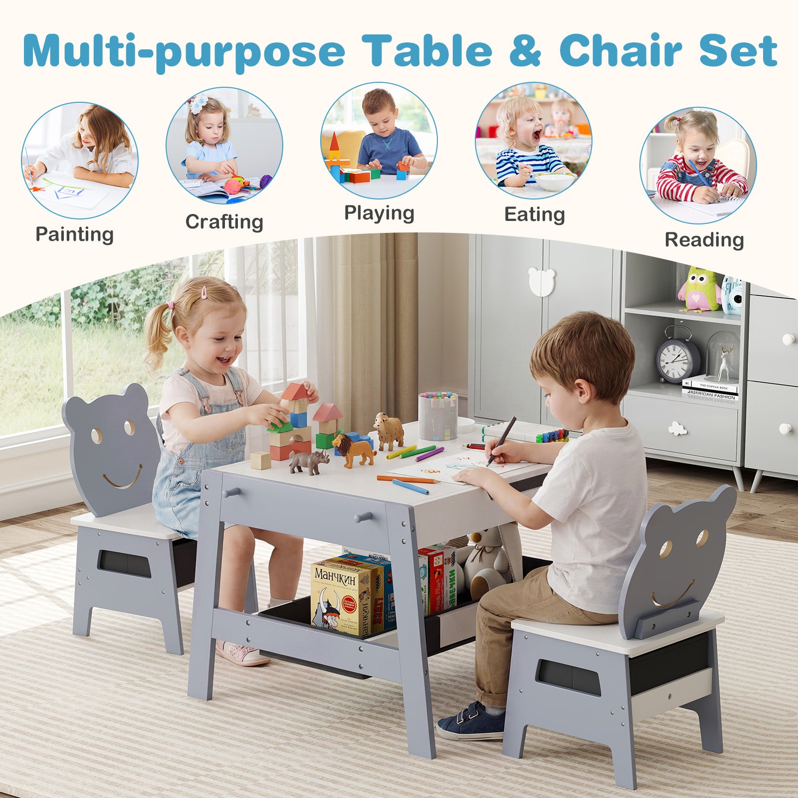 Patiojoy Toddler Table & 2 Chairs 5-in-1 Cute Art Desk Set w/ Reversib ...