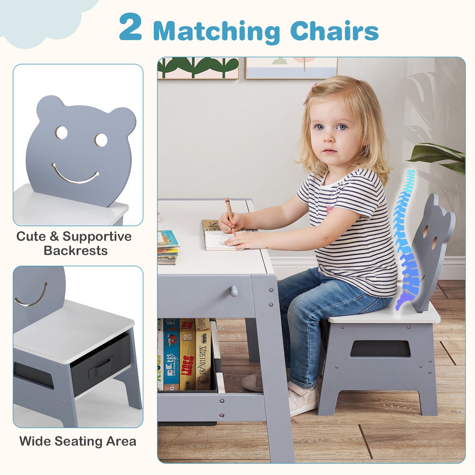 Patiojoy Toddler Table & 2 Chairs 5-in-1 Cute Art Desk Set w/ Reversib ...