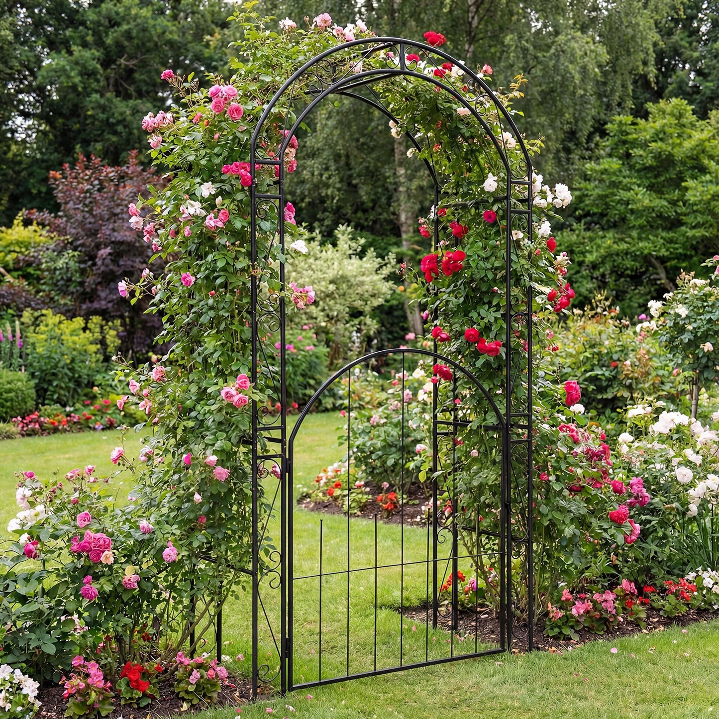 Patiojoy 84" Tall Garden Arbor with Gate Heavy-duty Metal Arch Trellis for Climbing Plants Vines Roses