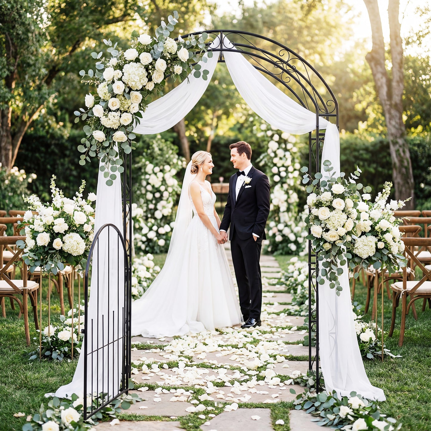 Patiojoy 84" Tall Garden Arbor with Gate Heavy-duty Metal Arch Trellis for Climbing Plants Vines Roses