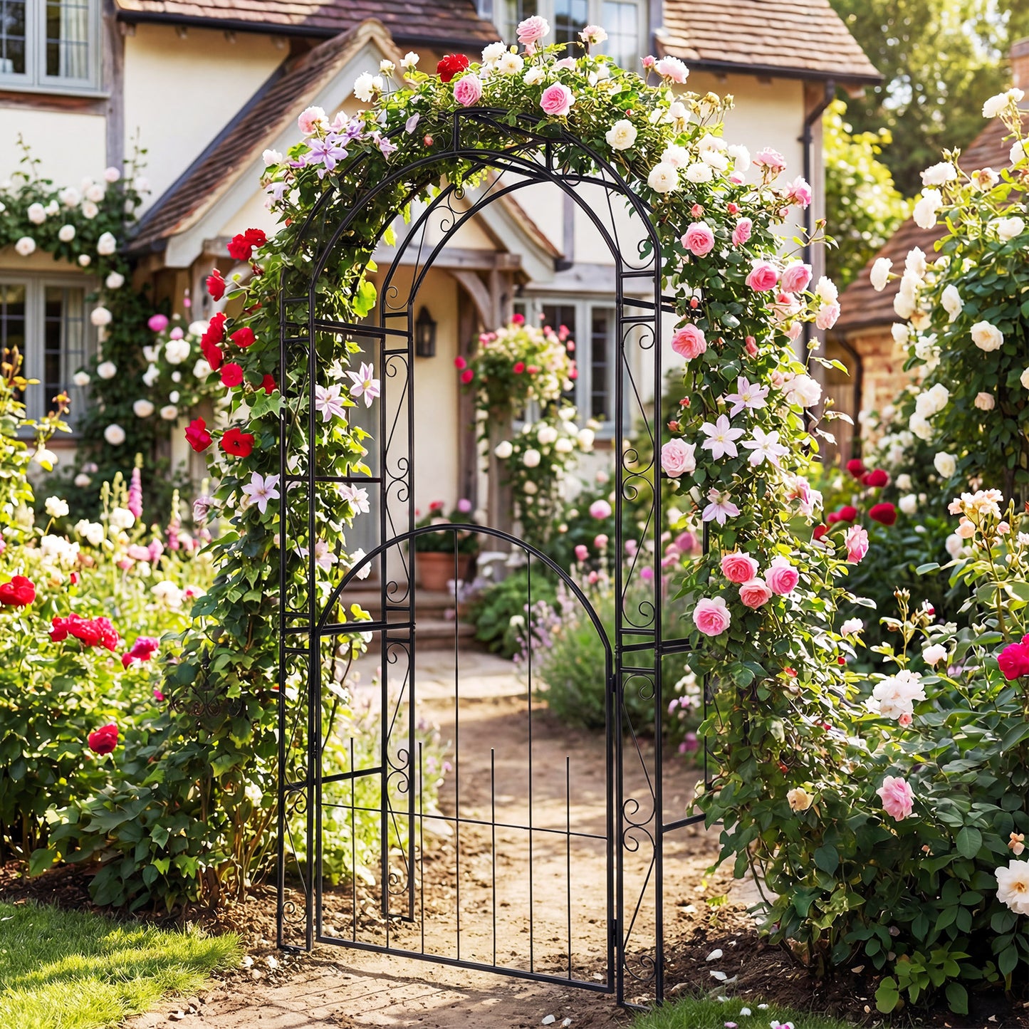 Patiojoy 84" Tall Garden Arbor with Gate Heavy-duty Metal Arch Trellis for Climbing Plants Vines Roses